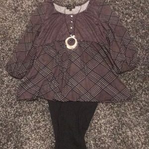 Lavender Plaid Lace-Yoke Empire Waist Tunic
